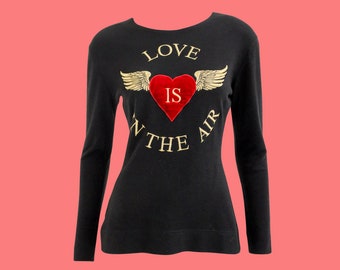 Moschino 80s Vintage Long sleeve Jumper, Love Is In The Air Motif, Gold Embroidery, Red Velvet Heart, Designer Vintage, Size 10 UK