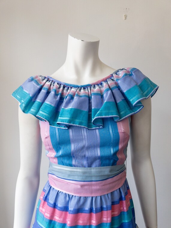Vintage 70s Striped Dress, Stripy, Pastel Blue an… - image 7