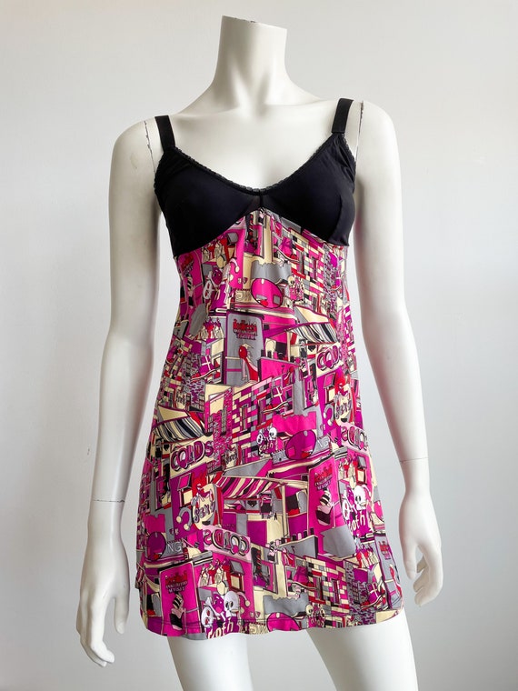 Vintage 90er Jahre La Perla Nachthemd Miss Studio Pop Art Print Grafik Print Babydoll dehnbarer Stoff verstellbares Unterkleid Etsy