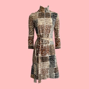 Vintage Y2K Moschino Dress, Animal Print Patchwork, Knee Length, Turtleneck, Safari Style, Belted, Checp and Chic, 2000s, 00s, Noughties