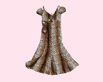 Monica Magni Leopard Print Maxi Dress | Beaded Floral Detail | Cap Sleeve Fishtail Silhouette | Animal Print, Size 12 UK, EU 40, US 8