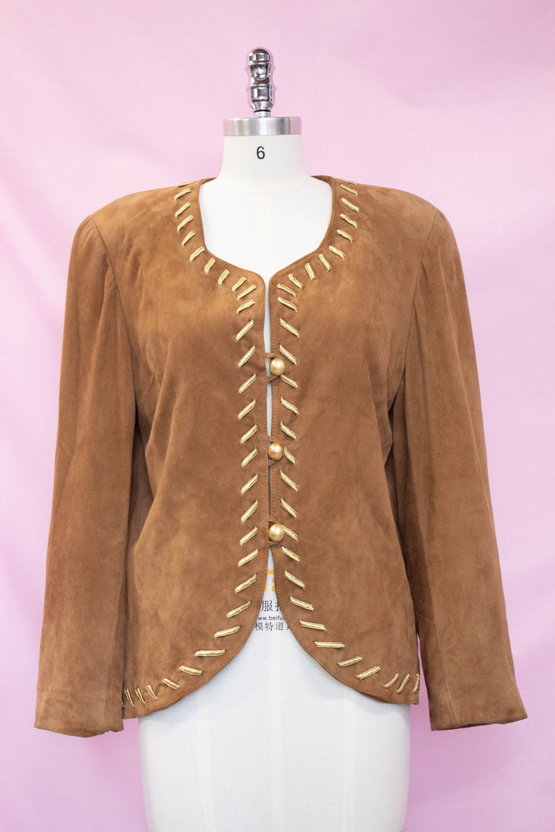 Vintage Bruno Magli Suede Jacket Brown Suede Gold Detail Size