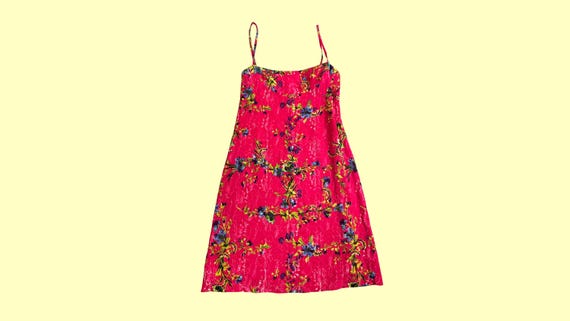 Christian Lacroix, Vintage 90s Bazar Christian Lacroix Mini Dress, Pink Lace and Delicate Floral Print, Spaghetti Strap, Size 12, EU 40, US 8