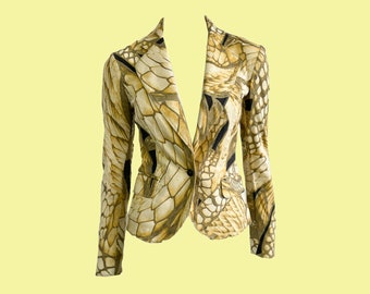 Roberto Cavalli Y2K Jacket: Gold Snakeskin Print, Stretch Denim (Size XS)
