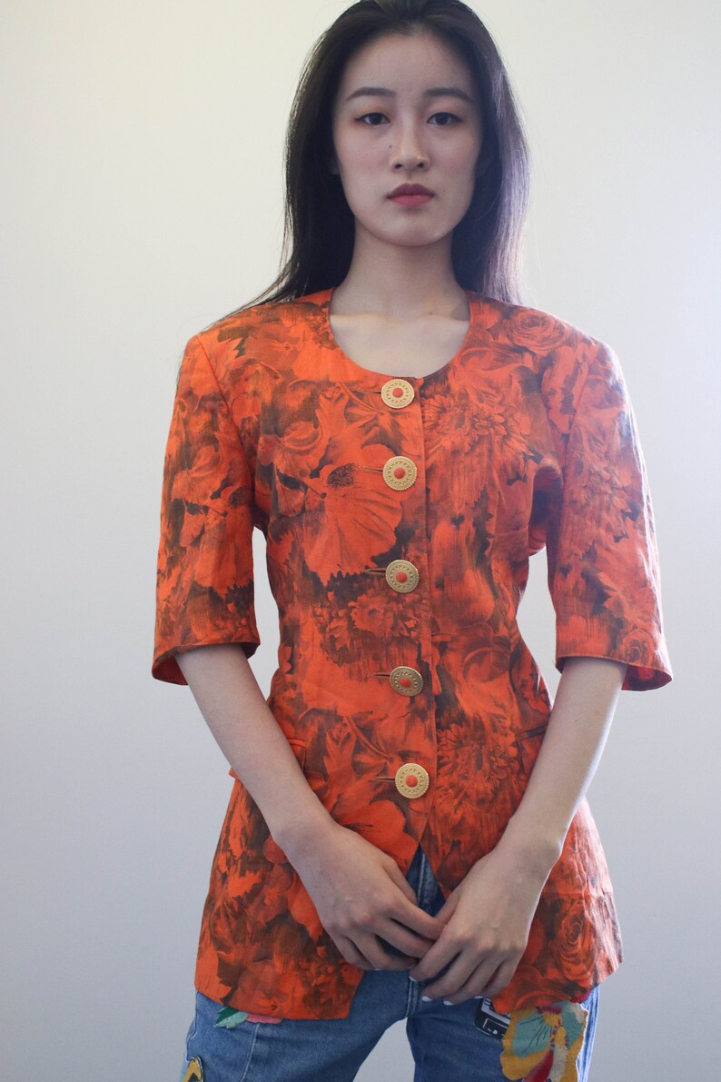 80s Paola Santi Orange Jacket Floral Print Fitted Jacket Short Sleeves Gold Buttons Power Dressing Size S Small