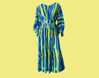 70s Cresta Couture Cold Shoulder Dress, Mid Length Dress, Midi, Floaty Kaftan Style, 1970s, Blue and Green, Abstract Print