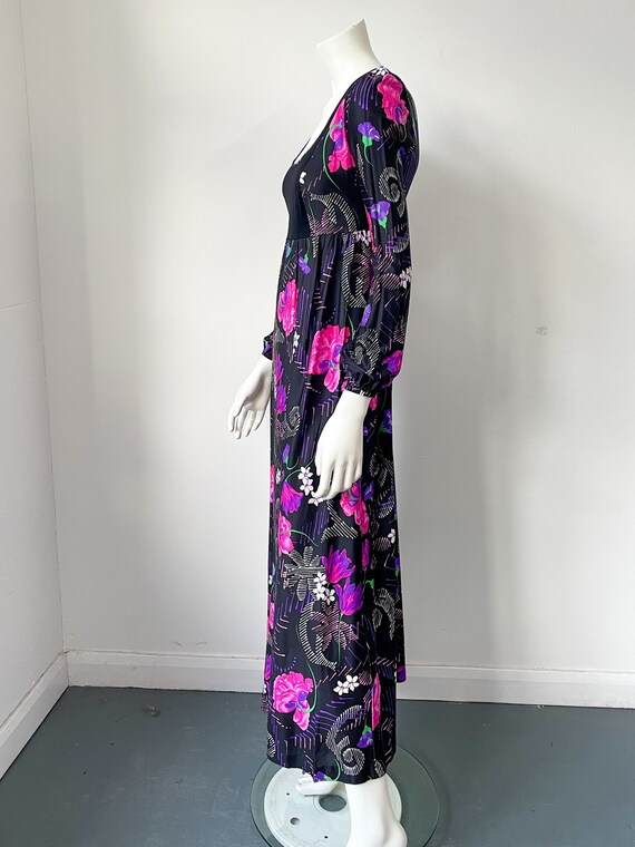 Vintage 70s Floral Maxi Dress, Black & Pink, Flow… - image 3