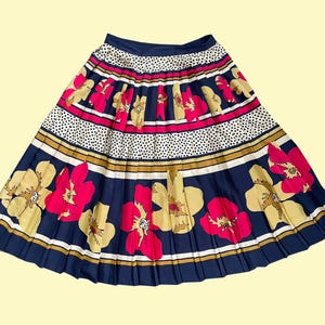 Vintage 70s Floral Print Skirt, Handmade Pleated A-Line Skirt, Navy Blue, Pink and Beige, 1970s, 27 Inch Waist
