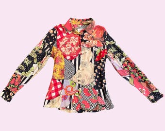 Vintage 90s Moschino Jeans Collage Print Shirt | Eclectic Patchwork | Pizza Floral Paisley Print | Multicolour | Size 10 UK, EU 38, US 6