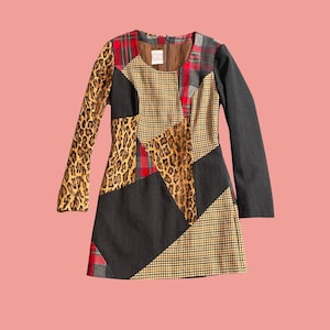 C'est Comme Ca 80s Patchwork Mini Dress | Leopard Tartan Tweed Print Colour Block | Long Sleeve Scoop Neck | Designer Vintage | UK 10–12