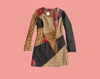 C'est Comme Ca 80s Patchwork Mini Dress | Leopard Tartan Tweed Print Colour Block | Long Sleeve Scoop Neck | Designer Vintage | UK 10–12
