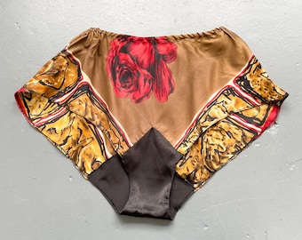 Vintage Upcycled Satin Bloomers, Red Rose Floral Design, High Waisted, Burlesque Bottoms, Made from Vintage Scarf Fabric