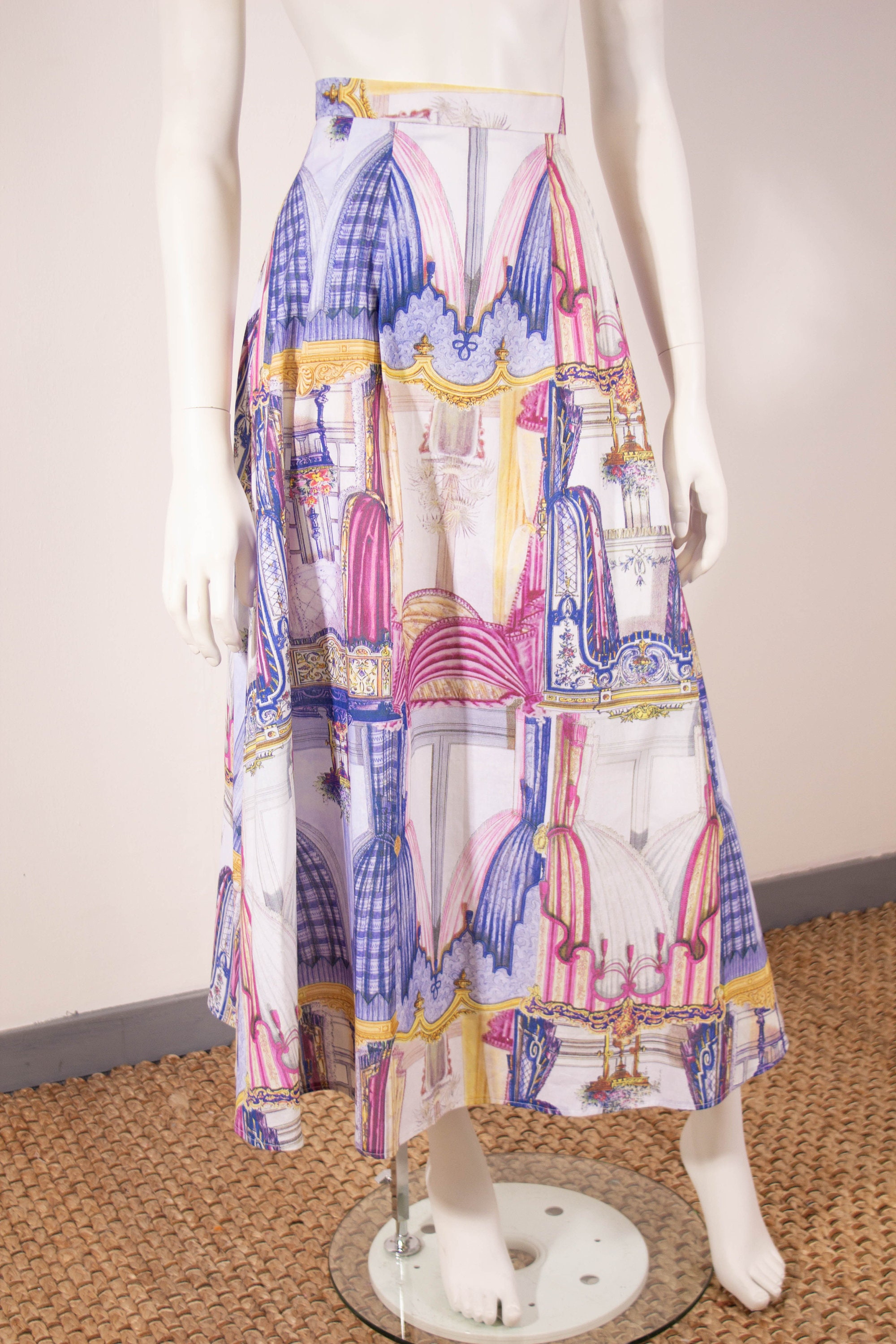 Image of Renaissance Print A-Line Skirt/Handmade Pastel Colours Mid Length Midi Size  Eu  Small