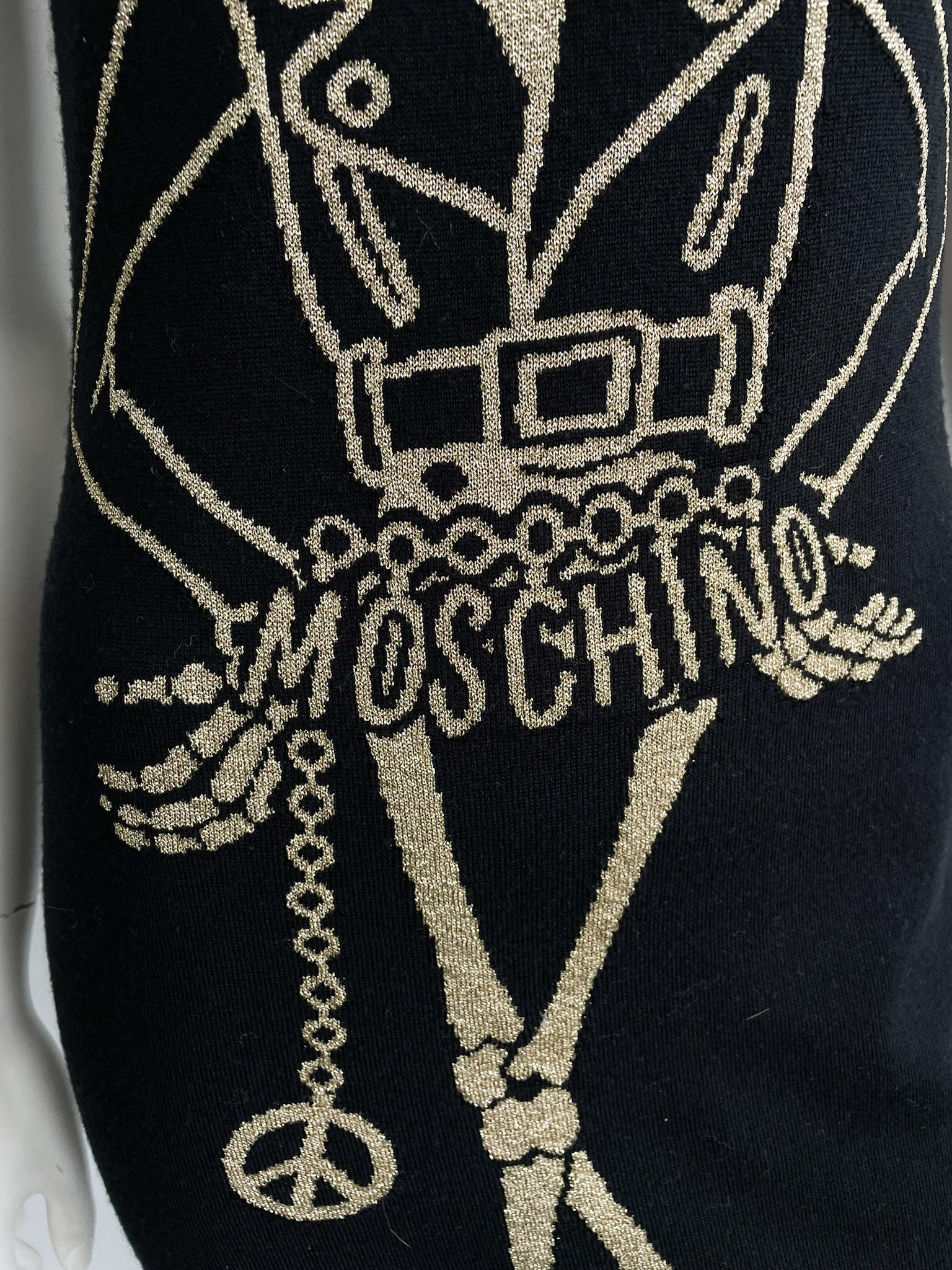 Moschino Couture Skeleton Knit Dress, Gold Metallic Intarsia