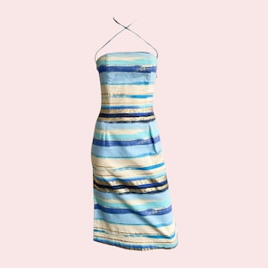 Minivestido Moschino vintage de los años 90, estampado de rayas con trazos de pintura, azul y crema, ajustado, elástico y sin tirantes, talla 12 (Reino Unido), 40 (UE), M