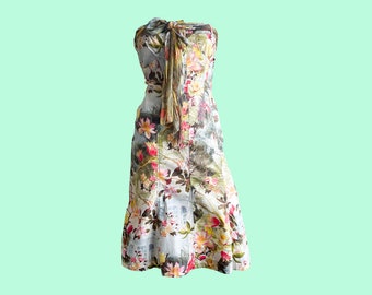 Y2K Alberta Ferretti Floral Dress, Strapless Flower Print Dress, A-Line Skirt, Silk Matching Scarf Straps, Flower Design, Size 10 UK