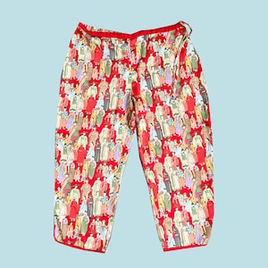Chinoiserie Print Satin Lounge Pants: Red Silky Trousers, Size XL