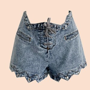 Vintage 80s Acid Wash Denim Mini Shorts: Zig Zag Waist, Lace up