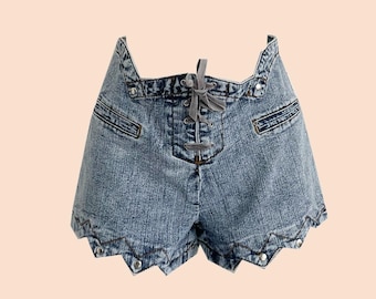 Vintage 80s Denim Shorts, Unusual Zig Zag Waistline, Lace up