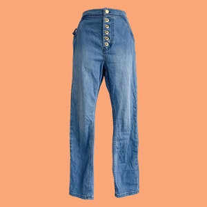 Y2K Ellery Monroe Designer Jeans, Hi High Waisted, Gold Buttons, Straight Leg, Bright Blue, Cotton, Size XS, 26 Inch Waist