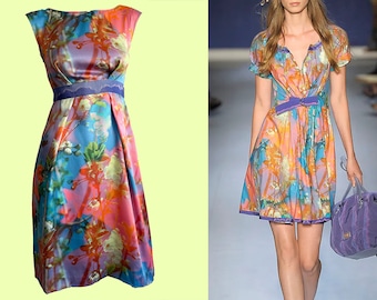 Vintage Moschino Cheap and Chic SS09 Photographic Floral Print Silk Dress | Petite | Dip Dye Ribbon Detail | Boat Neck | UK 4, US 0