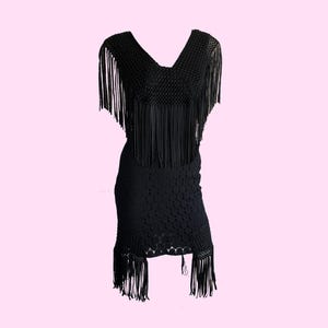Y2K Anna Sui Fringed Mini Dress, Black Fringing Dress with Lace, V-Neck, US Size 2 - UK Size 6, Elegant Little Black Dress
