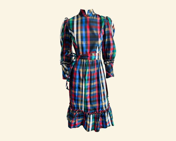Vintage 70s Taffeta Dress, Mutlcolour Plaid, Chec… - image 1