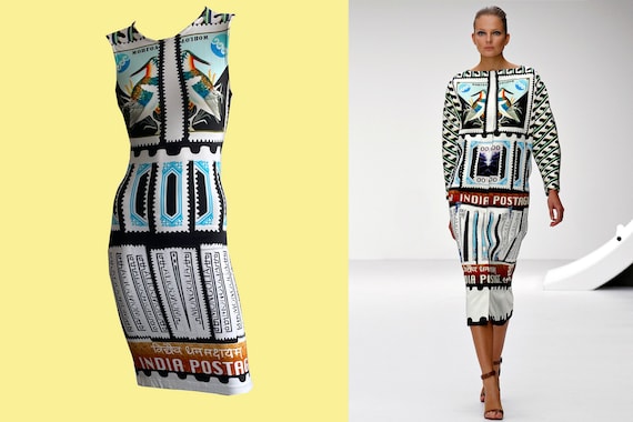 Mary Katrantzou SS13 Dress, Birds and Stamps, India Postage
