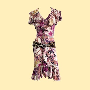 Just Cavalli Y2K Floral Leopard Print Dress: Ruffle Collar, IT 44 UK 12