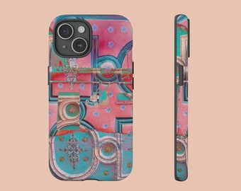 Ongebruikelijke collageprint helder roze en turkoois, eclectisch hoesje, stoere telefoonhoes voor Apple iPhone, Samsung Galaxy, Google Pixel