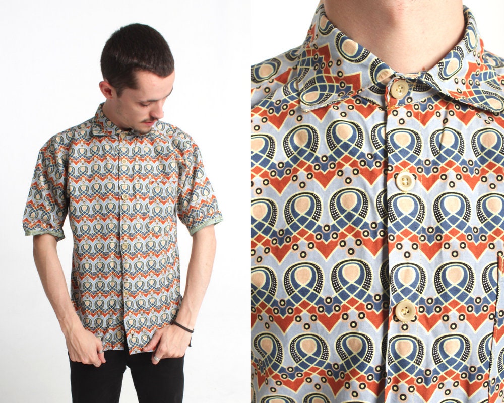 Image of Vintage 90S Graphic Print Shirt/Blue, Rust, Beige Abstract Art Nouveau Style Short Sleeved Size M Medium Cotton