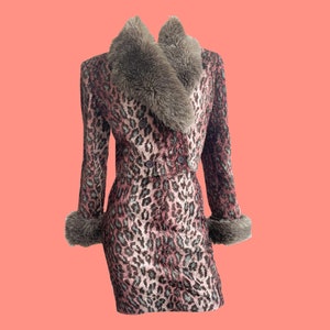 Ozbek Leopard Print Fur Two Piece, Co Ord, Skirt Suit, Cropped Suit Jacket, Fluffy Cuffs, Faux Fur, Pink, Blue and Beige, 1980s, 80s