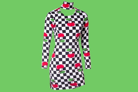 House of Holland Cherry Print Dress Racer Check Print Cut Out Neckline Detail Bodycon Henry Holland Size 10 EU 38 Small Etsy Denmark