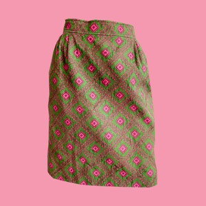 Vintage 80s Christian Lacroix Skirt, 1980s | Bottle Green and Fuchsia Geometric Print | High Waisted Fitted Pencil Skirt | French Size 40