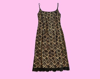 Moschino Black Lace Wiggle Dress | Nude Underlay Spaghetti Strap | Scallop Hem Fitted Midi | Designer Vintage | UK 8–10 | Y2K Occasion Dress