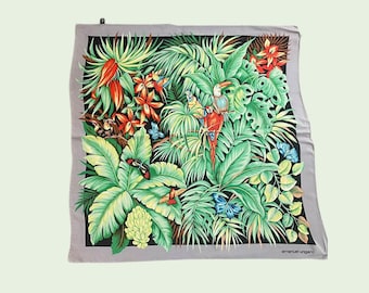 Vintage 1980s Emanuel Ungaro Tropical Jungle Silk Scarf | 80s Square Scarf, Parrot & Toucan Print | Green Red Blue | 32" x 34"
