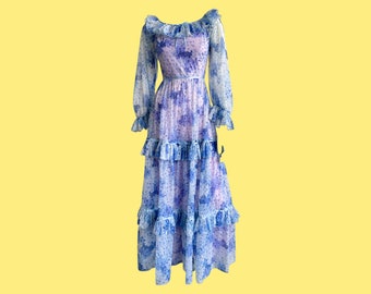 Vintage 70s Blue Floral Maxi Dress, Cottagecore Prairie Dress, Maxidress, Flower Print, Ruffled Neckline and Tiered Detailing, Floor Length