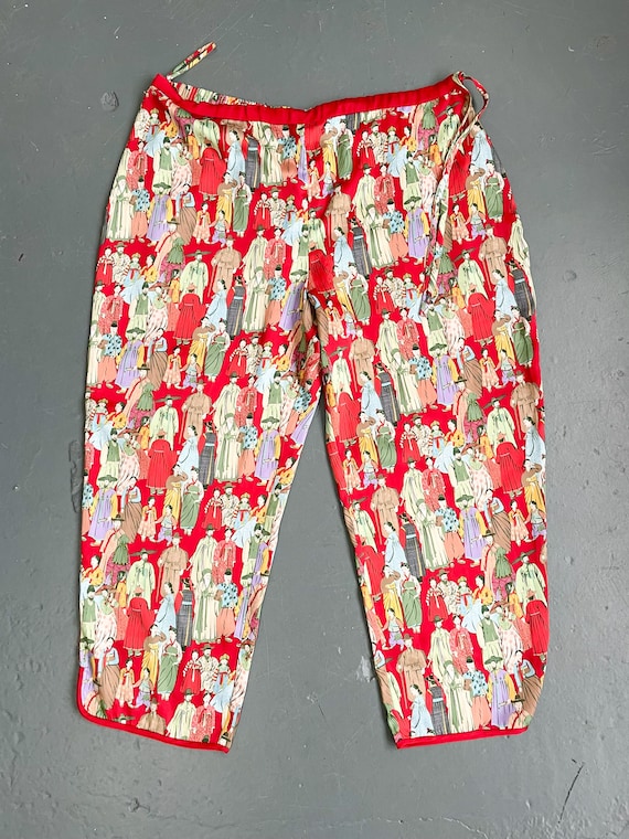 Chinoiserie Print Pure Silk Trousers, Bright Red … - image 2
