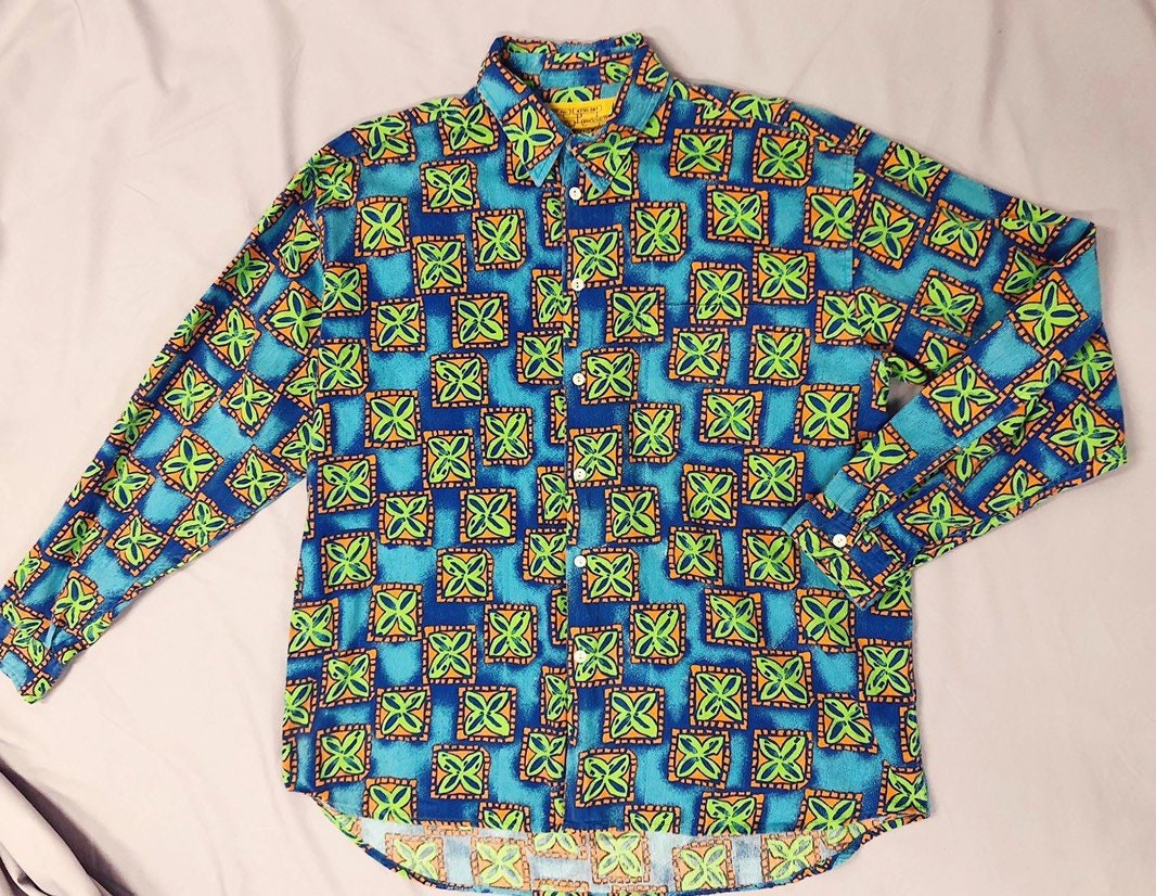 Image of Vintage 90S Graphic Shirt/Blue, Orange, Neon Green Abstract Print 1990S Long Sleeve Button Down Size Xl Extra Large