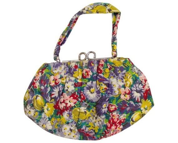 Vintage 40s Floral Handbag / Top Handle / Multicol