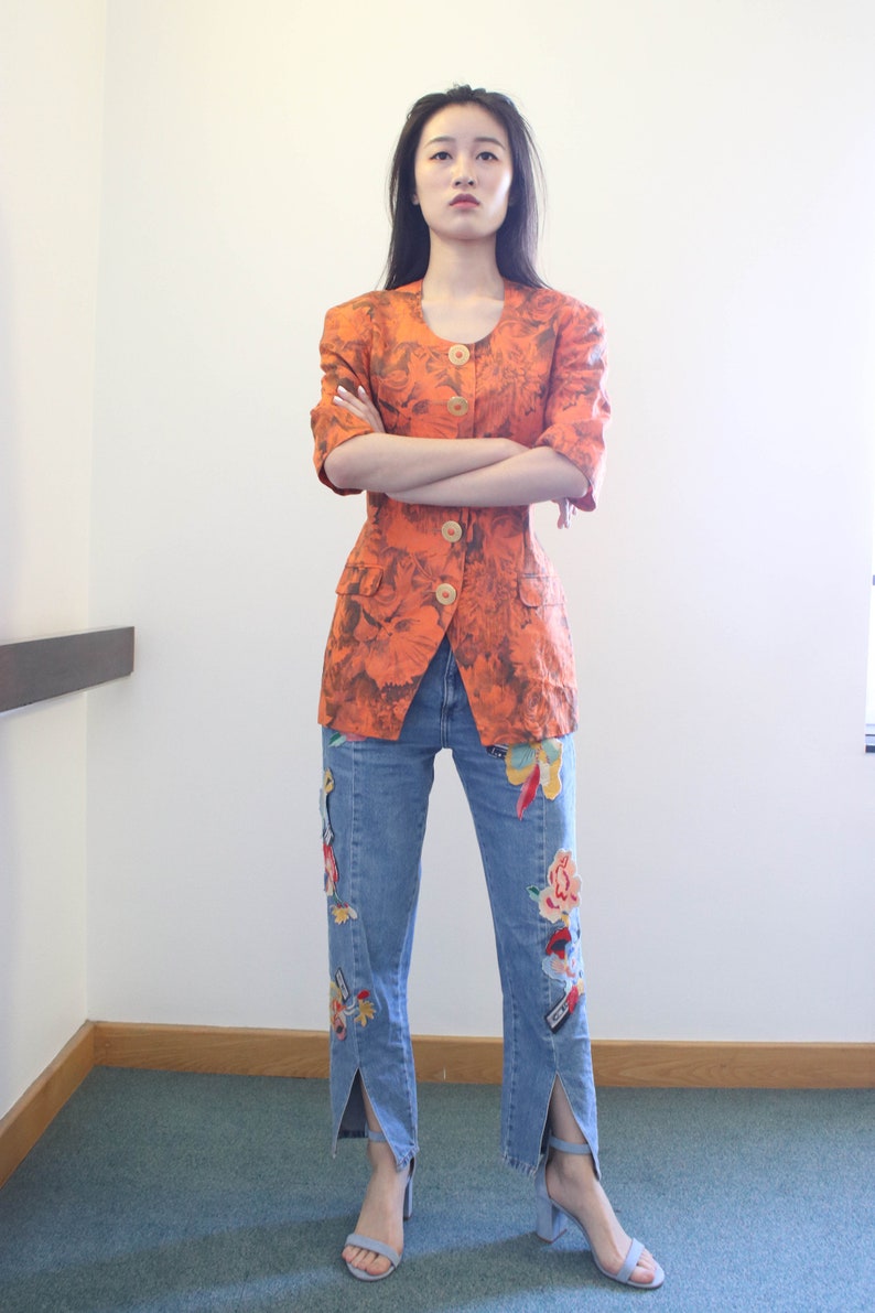 80s Paola Santi Orange Jacket Floral Print Fitted Jacket Short Sleeves Gold Buttons Power Dressing Size S Small