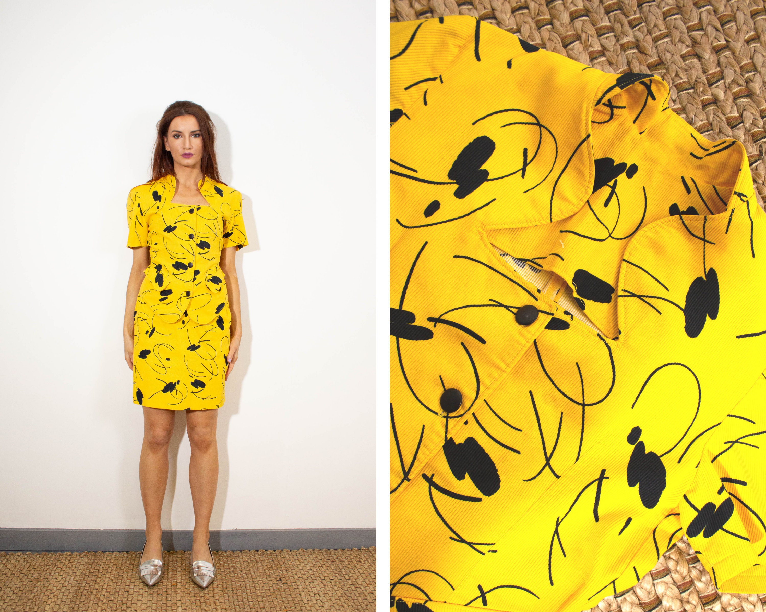 Image of Vintage S Yellow Skirt Suit/Graphic Abstract Print Fitted Jacket Pencil Skirt Corduroy Cord Size  Eu  Medium