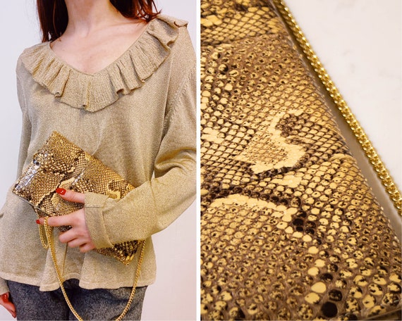 Vintage Python Skin Bag / Envelope Bag / Gold Chai
