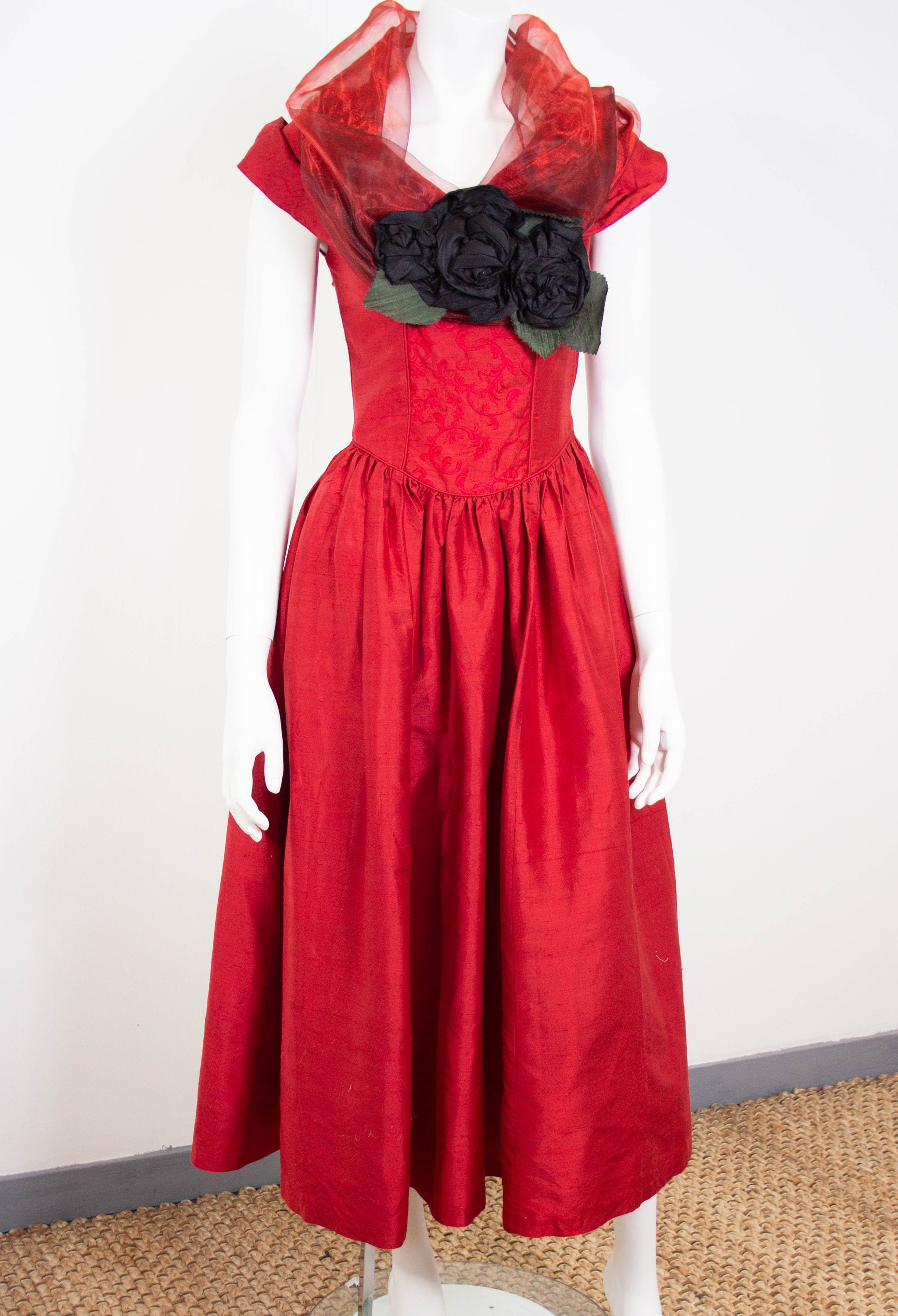 Image of Vintage Laura Ashley Prom Dress/Red Raw Silk Black Rose Corsage & Capelet Shoulder Detail Size  Eu  Small