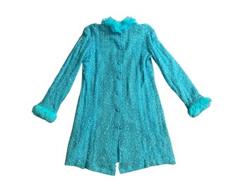 Vintage 90s Betsey Johnson Turquoise Sequin Mermaid Coat | Iridescent Sequinned, Faux Fur Trim on Cuffs and Collar | NWT, Size 14, US 10