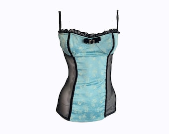 Y2K Wheels and Dollbaby Corset Top | Blue Cream Floral Bustier | Sheer Mesh Panels | Velvet Bow Rhinestone Detail | Pin Up Burlesque | XS