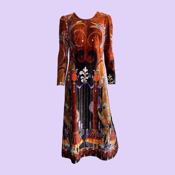 Vintage 70s Velvet Maxi Dress, Brown, Purple and Orange, Unusual Avant Garde Print with Art Deco Inspired Figures, 1970s