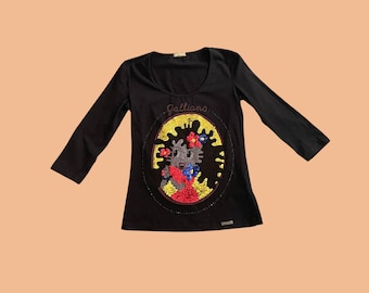 Vintage Y2K Galliano Sequin Embellished Cartoon Girl Top | Beaded Detail | 3/4 Sleeve | Black | Size Small, UK 8-10, EU 36-38