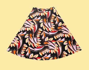 Vintage 70s Foliage Print A-Line Skirt, Below-the-Knee, Vibrant Autumnal Colours, Size 12 UK, EU 40