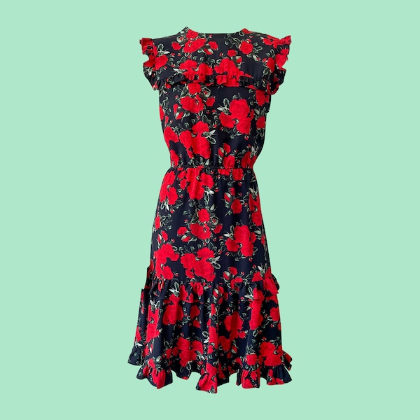 Flamenco Inspired Red Floral Dress, Black and Red, Rose Motif, Ruffles, Tiered Skirt, Sleeveless, Knee Length A-Line Dress, Swishy
